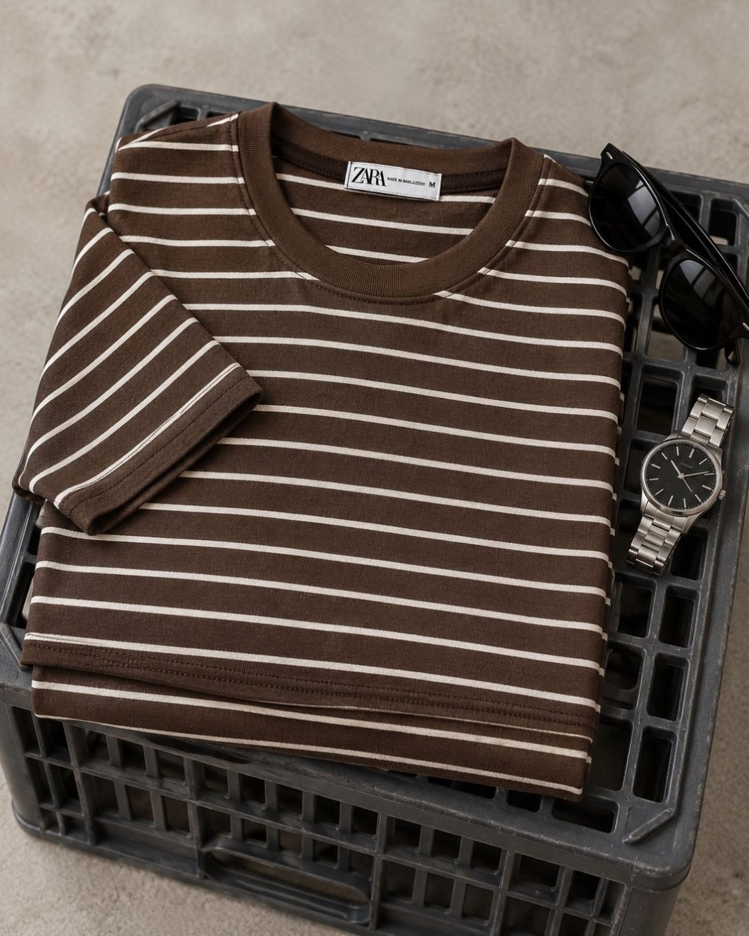 Camiseta Zara Listrada Slim- Marrom — foto 3