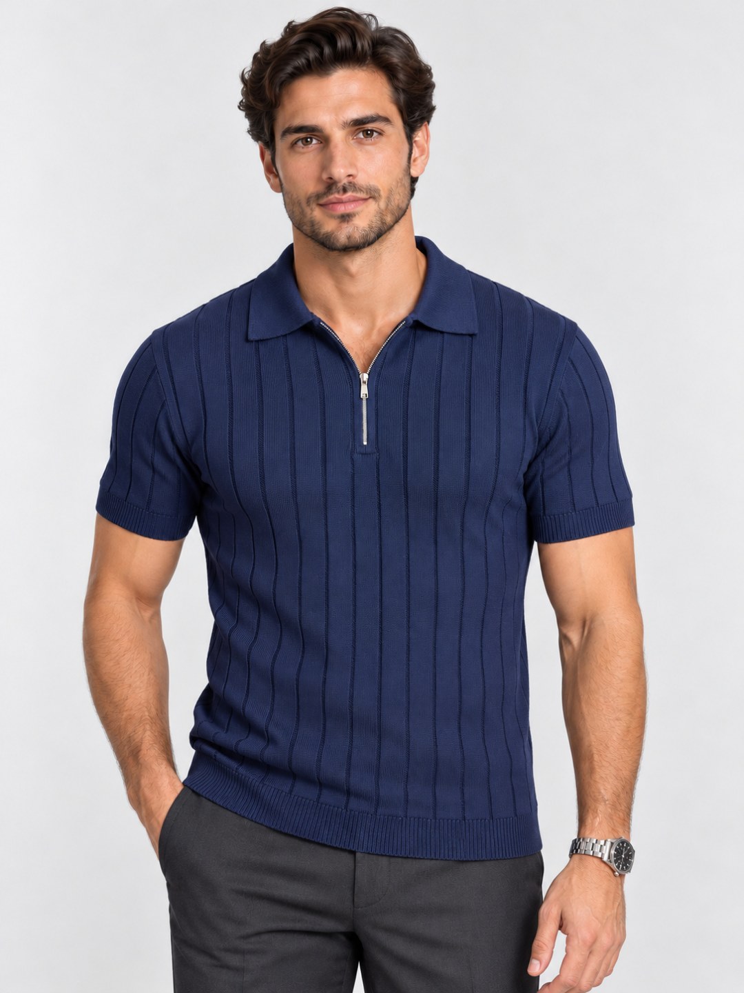 Polo Zara de Tricô Canelado Slim com Zíper